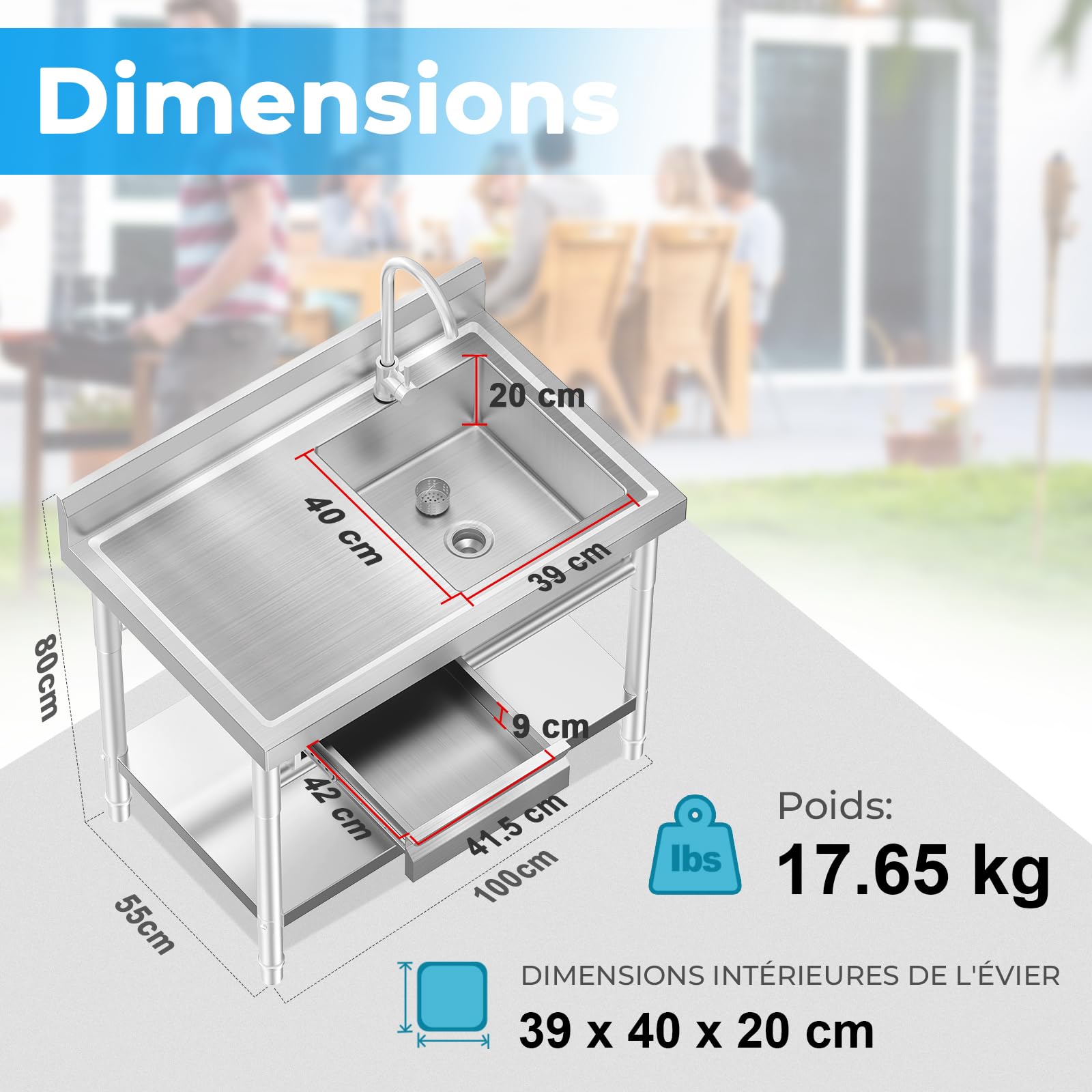 RiveraSink Plonge Inox Professionnelle 100x55x80cm avec Évier sur Pied, Évier Cuisine Inox avec Plan de Travail, Tiroir et Robinet, Table de Lavage pour Restaurant, Garage, Buanderie et Extérieur