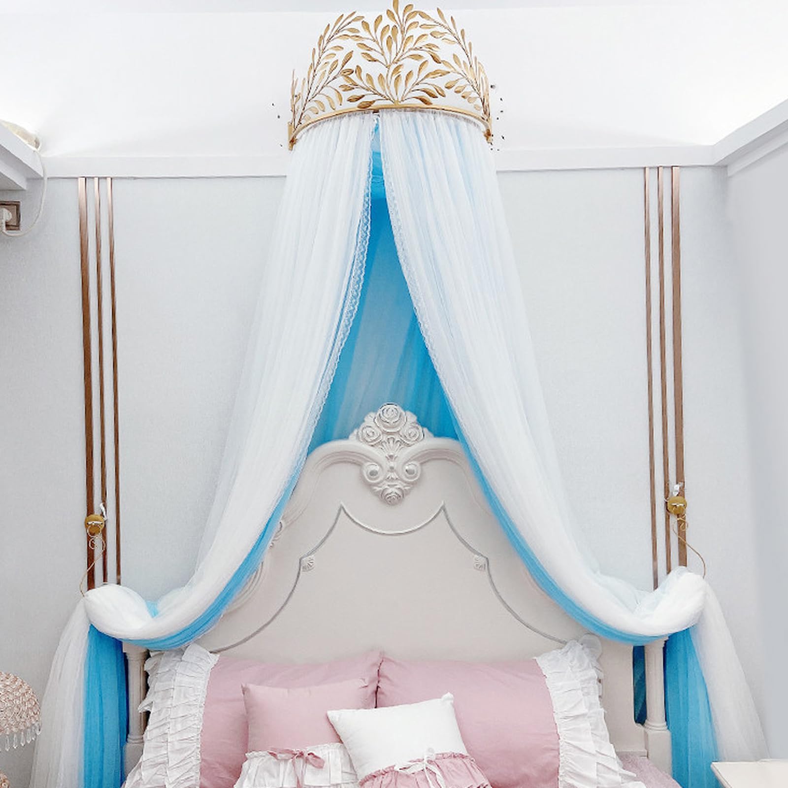 SDCGB Princess Bed Canopy for Girls & Adults, Elegant Double Layer Bed Curtain Princess Crown Mosquito Netting for Room Décor, Blue