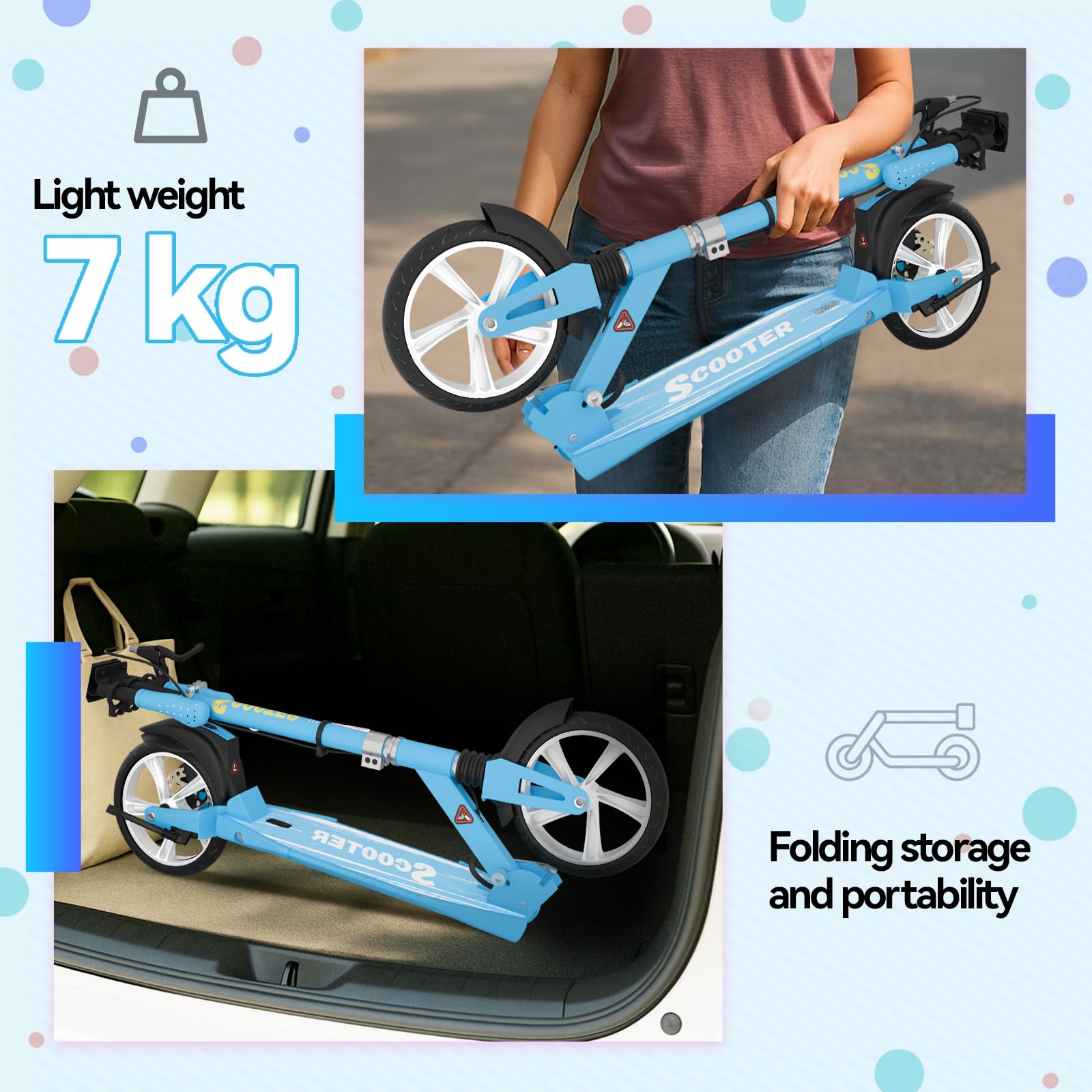 MEEGOO H007D Trottinette avec frein à disque et double amortisseur, roues en polyuréthane de 200 mm, roulements ABEC-7, trottinette pliable pour adulte de 18 ans et plus, plateau antidérapant – Rose
