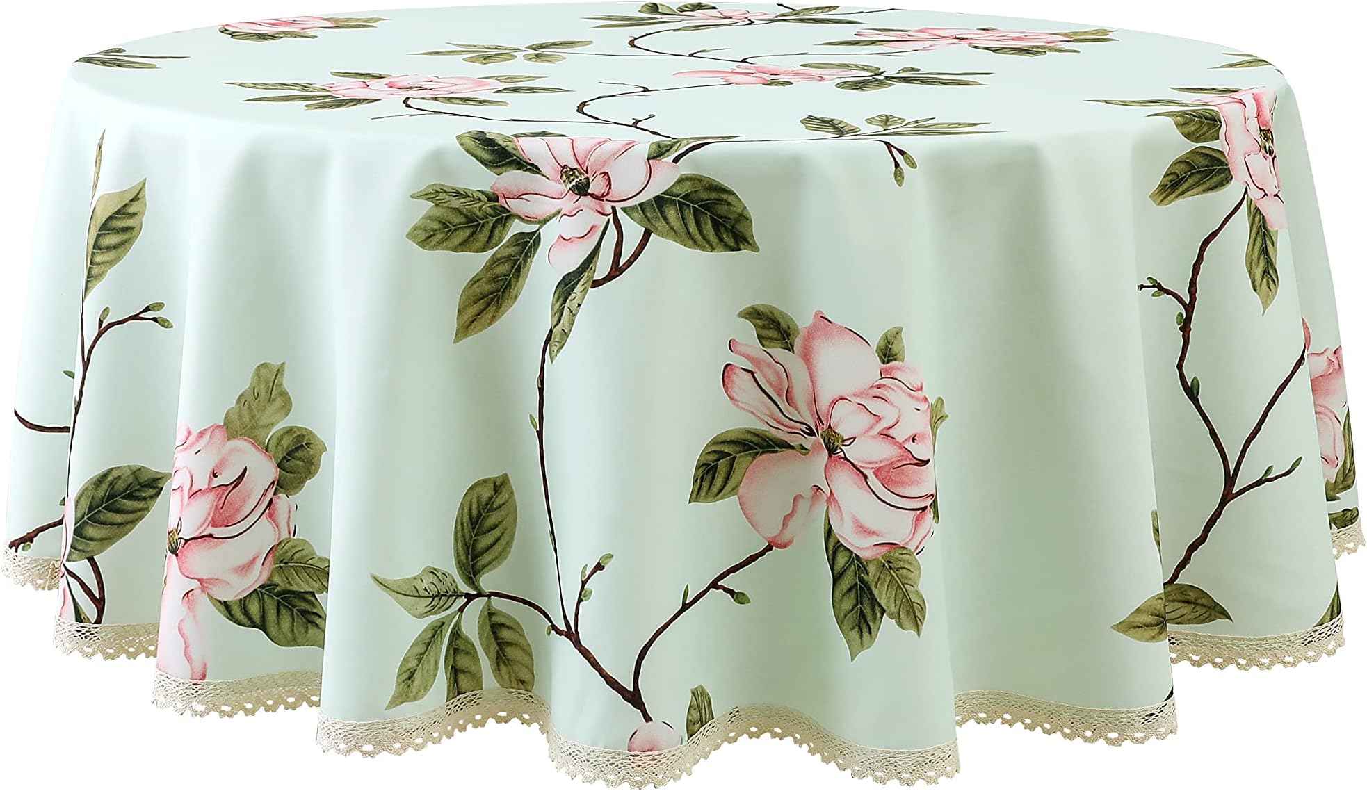 Decorative Camellia Floral Print Polyester Round Tablecloth Waterproof Fabric Lace Table Cloth Table Cover for Dining Room and Party (60x60-Inch Pale Mint Green)