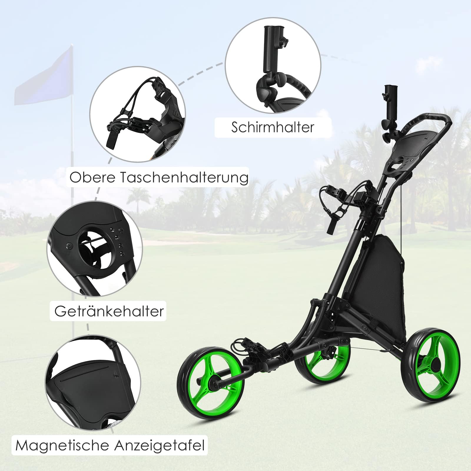 GOPLUS Golf Trolley, Golftrolley 3 Rad mit Verstellbarer Griff, Fußbremse, Golfwagen klappbar mit Schirm- und Getränkehalter & wasserdichter Tasche, Golfcaddy Golf Push Cart