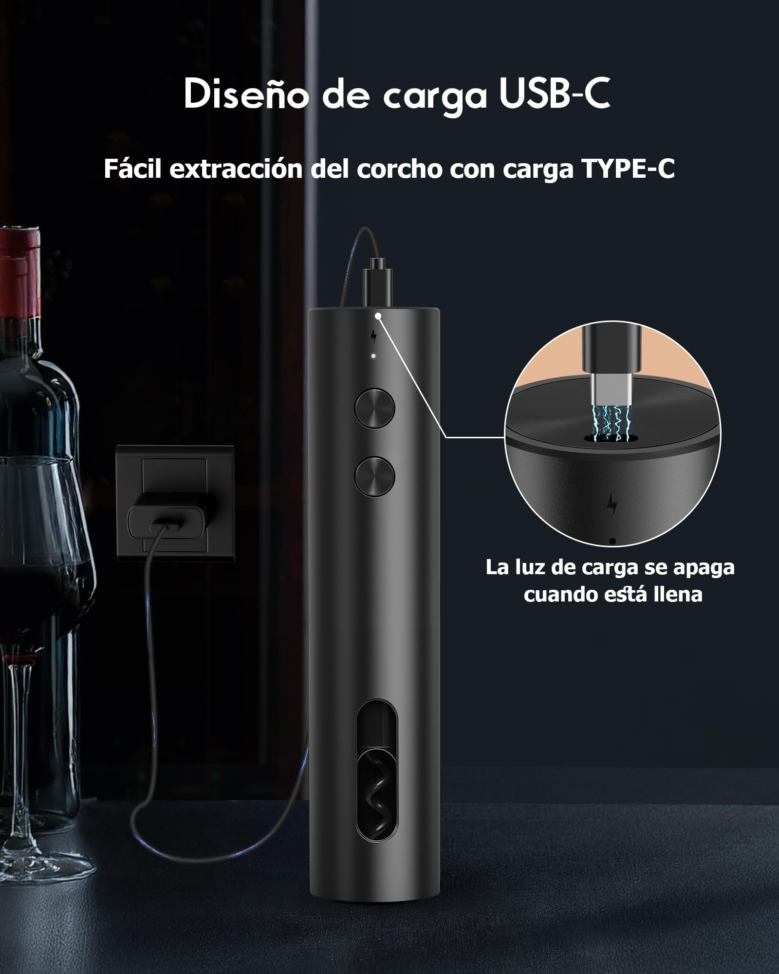 ZOYIDOUX Sacacorchos Eléctrico Recargable – Abrebotellas Eléctrico USB-C, Mini Portátil, Acabado Negro Mate — view 3