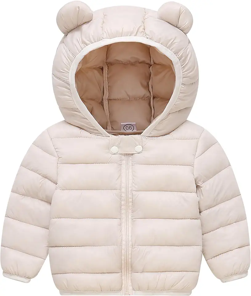 Jaqueta acolchoada para bebê, com capuz, leve, orelhas de urso, zíper, casacos para meninos e meninas de 6 a 4 anos