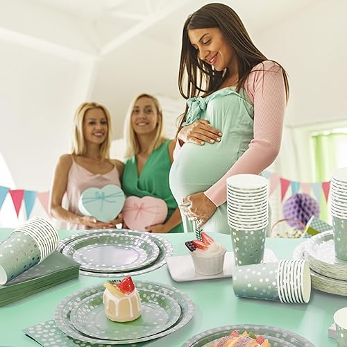Miniatura 7 de Platos de papel 168 piezas desechables para fiestas, platos verde salvia y plata para cumpleaños, bodas, fiestas de baby shower