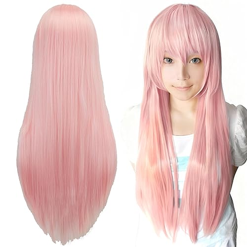 IMISSU 80cm Long Straight Natural Hair Cosplay Wigs with Bangs Colorful Halloween Costume Party Wig for Girl (Bright Pink) - Bright Pink
