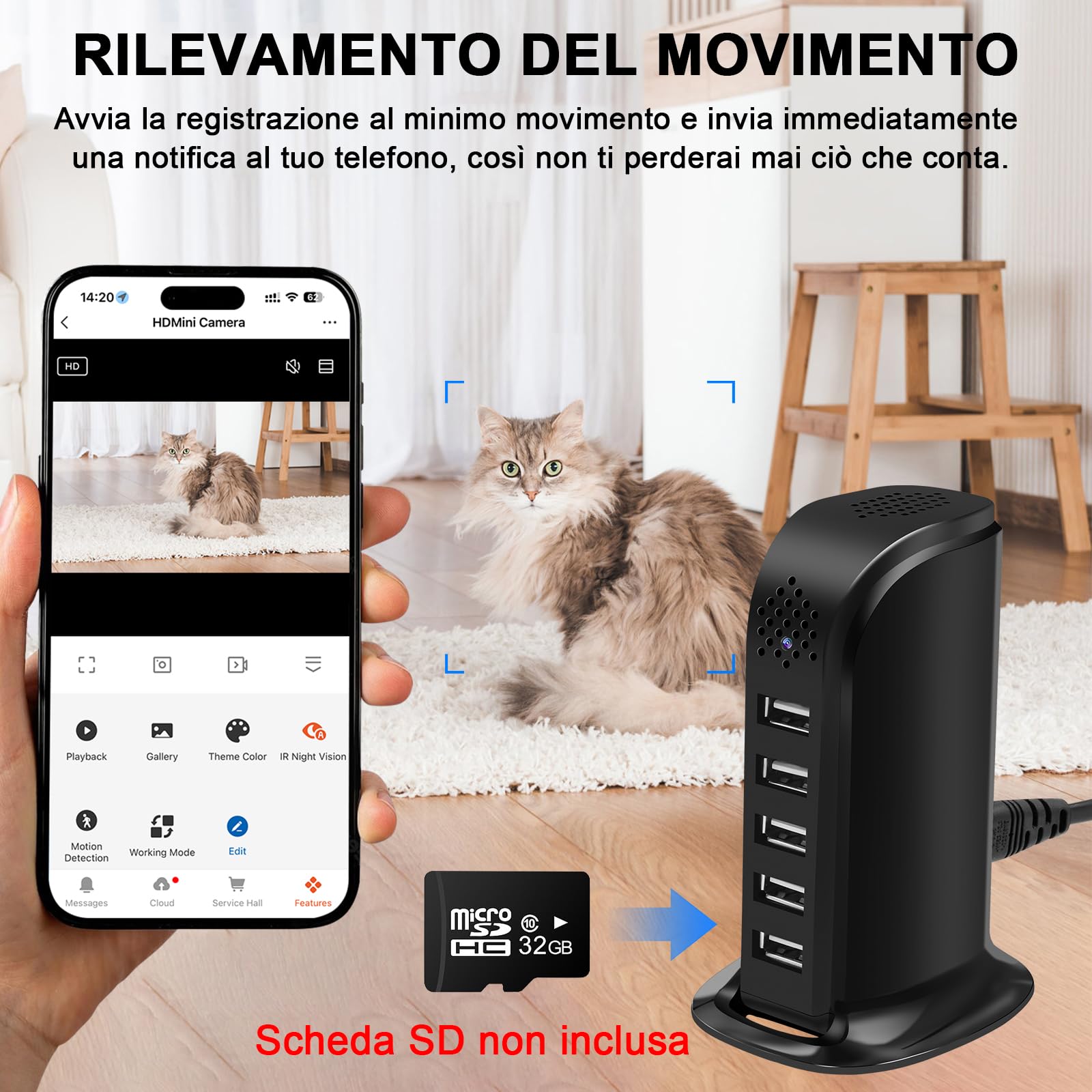Telecamera Nascosta WiFi 5G, Caricatore USB a 5 Porte con Telecamera Nascosta, Mini Telecamera Spia Nascosta Wi-Fi HD 1080P con Rilevamento del Movimento e Visualizzazione Remota