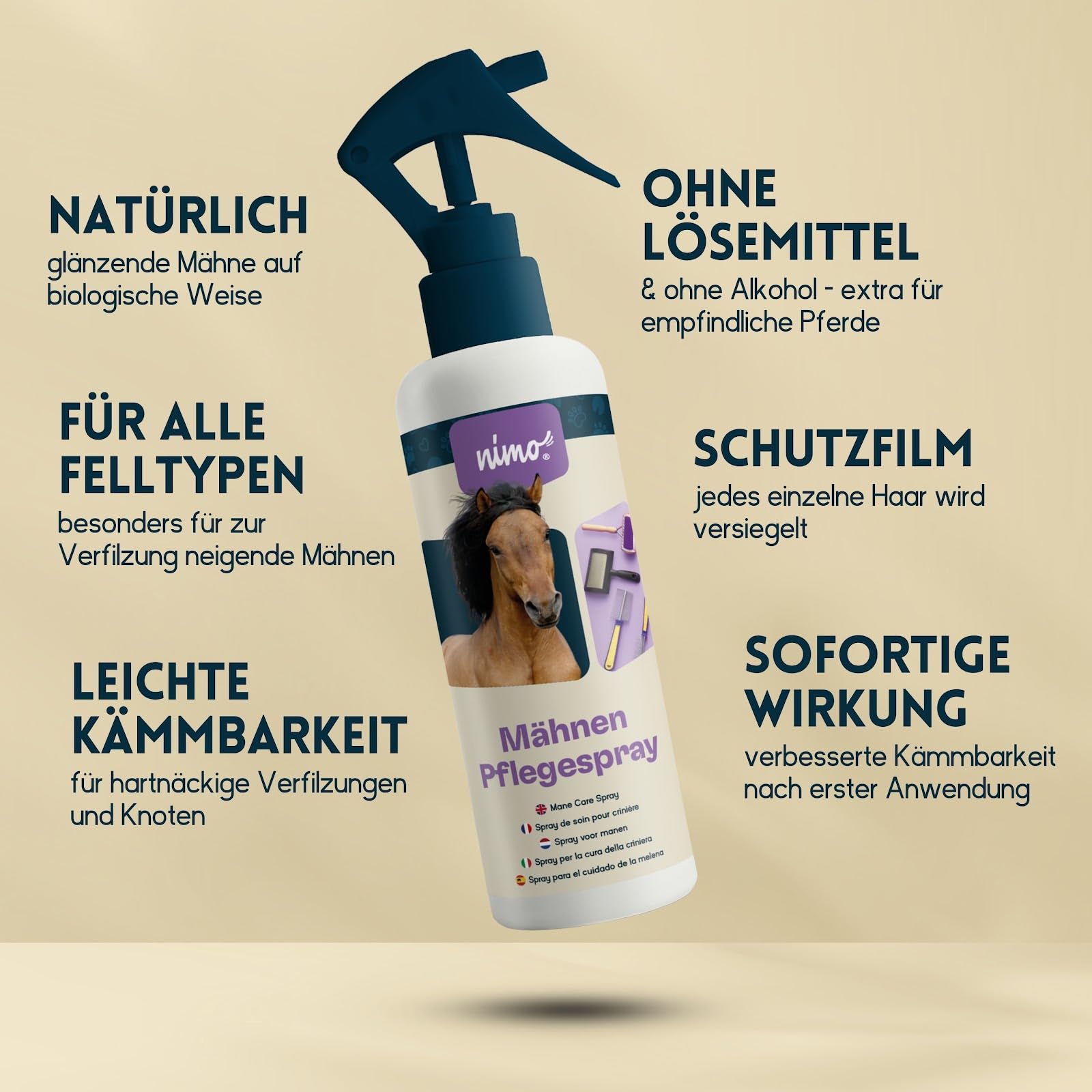 nimo® Spray de cuidado para crines, para caballos y ponis, spray para cola y melena, fácil de peinar, desenredar, cuidado de crines, cuidado de la cola, aporta brillo