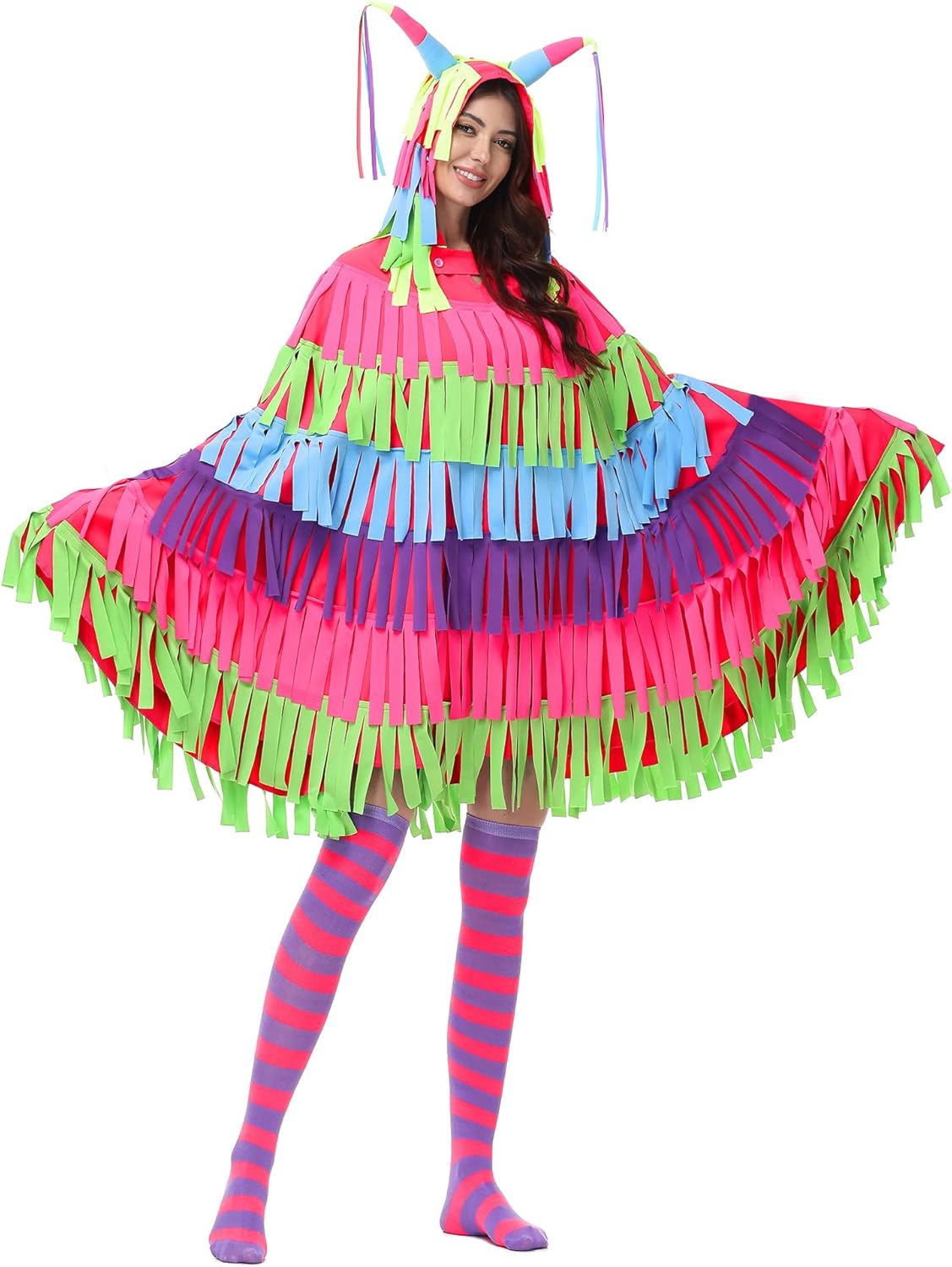 Vibrant Piñata Costume for Women, Adult Pinata Halloween Hooded Cape and Socks for Halloween & Party Dress-Up Celebrations Mexican Style