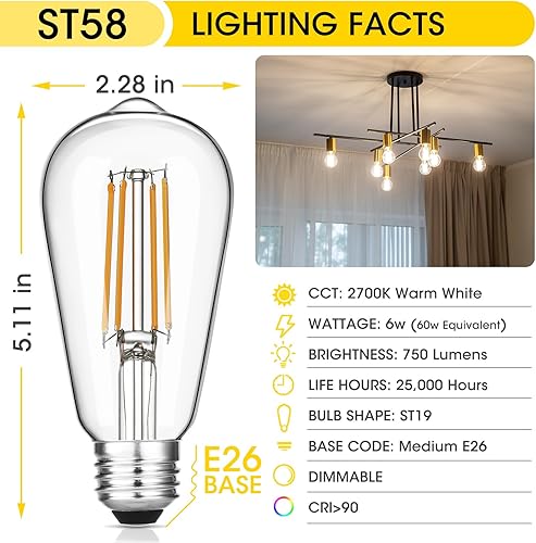 Miniatura 2 de Bombillas LED Edison vintage de 6 W, equivalente a 60 W incandescentes, blanco cálido 2700 K, bombillas de filamento LED antiguas ST58 con 90+ CRI,