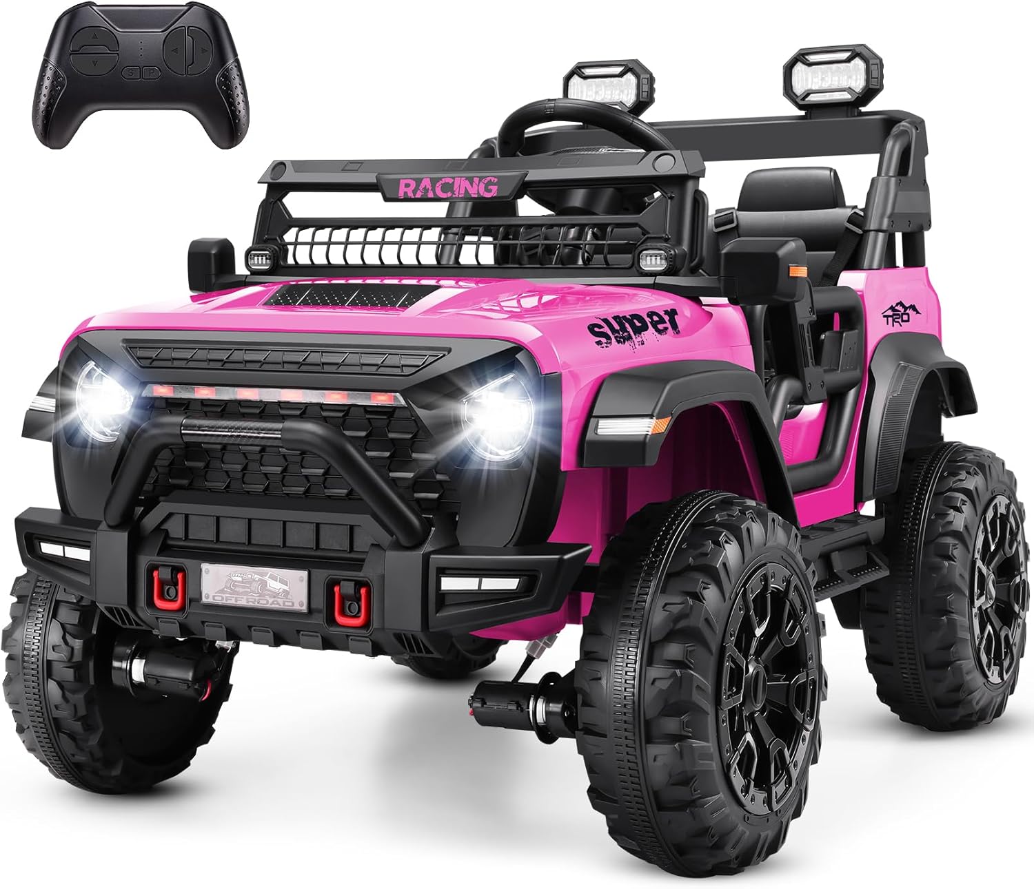 Hikole 24V Ride on Car with Remote Control, 2 Seater Electric Car for Kids w/20 Inch Wide Seat, 4x100W Motor, LED Headlight & Music Player, Power Car Wheels Ride on Toys for Boys Girls, Pink