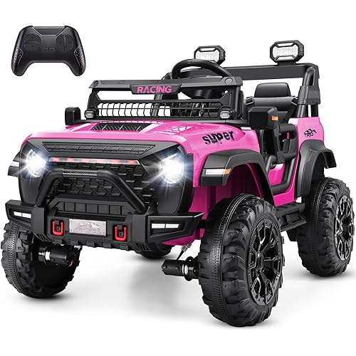 Hikole 24V Ride on Car with Remote Control, 2 Seater Electric Car for Kids w/20 Inch Wide Seat, 4x100W Motor, LED Headlight & Music Player, Power Car Wheels Ride on Jeeps for Boys Girls, Pink