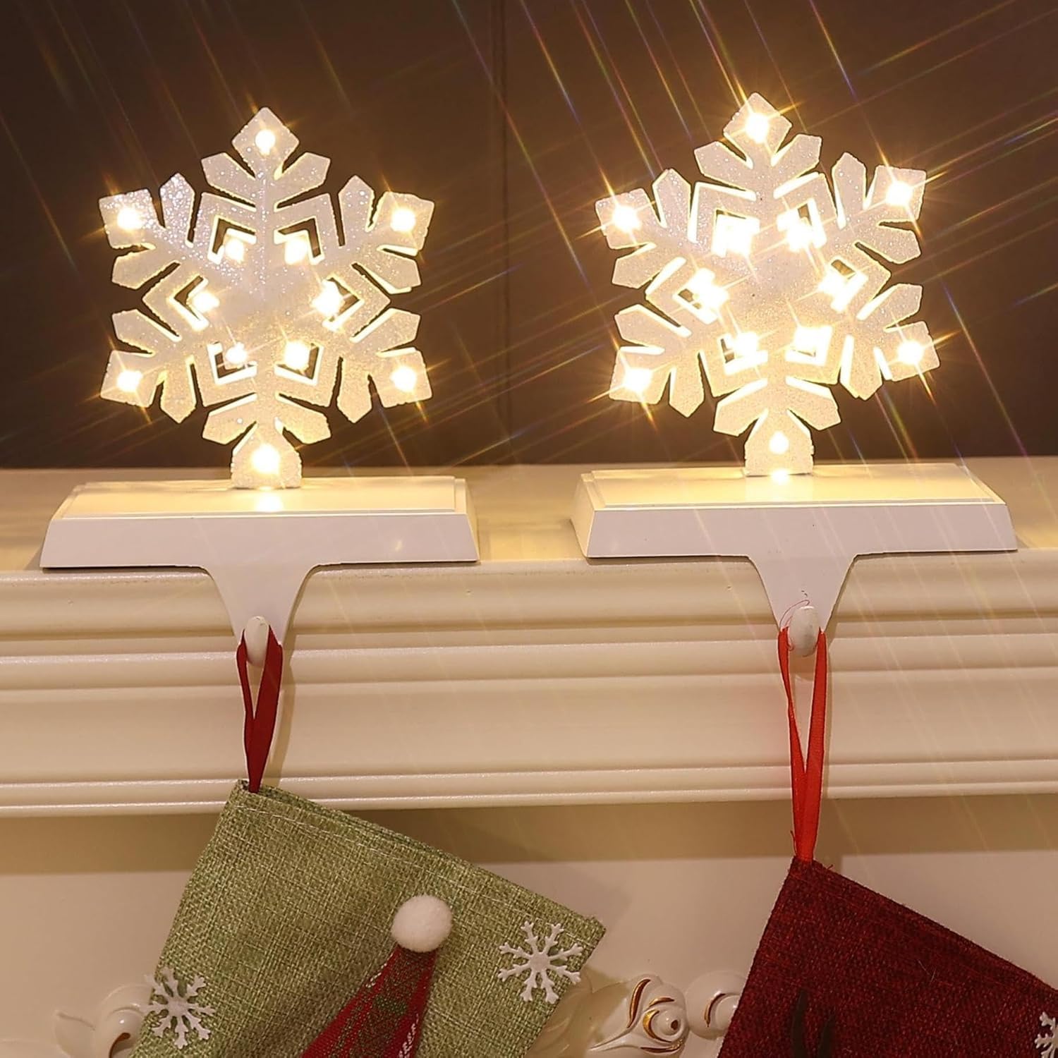 Lot de 2 supports de chaussettes de Noël à LED en flocon de neige