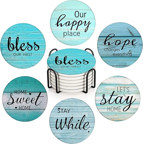 Miniatura 10 de Britimes Juego de 6 posavasos para bebidas, mesa de madera vieja blanca, absorbente, redonda, cerámica, con base de corcho y soporte de metal, Retro