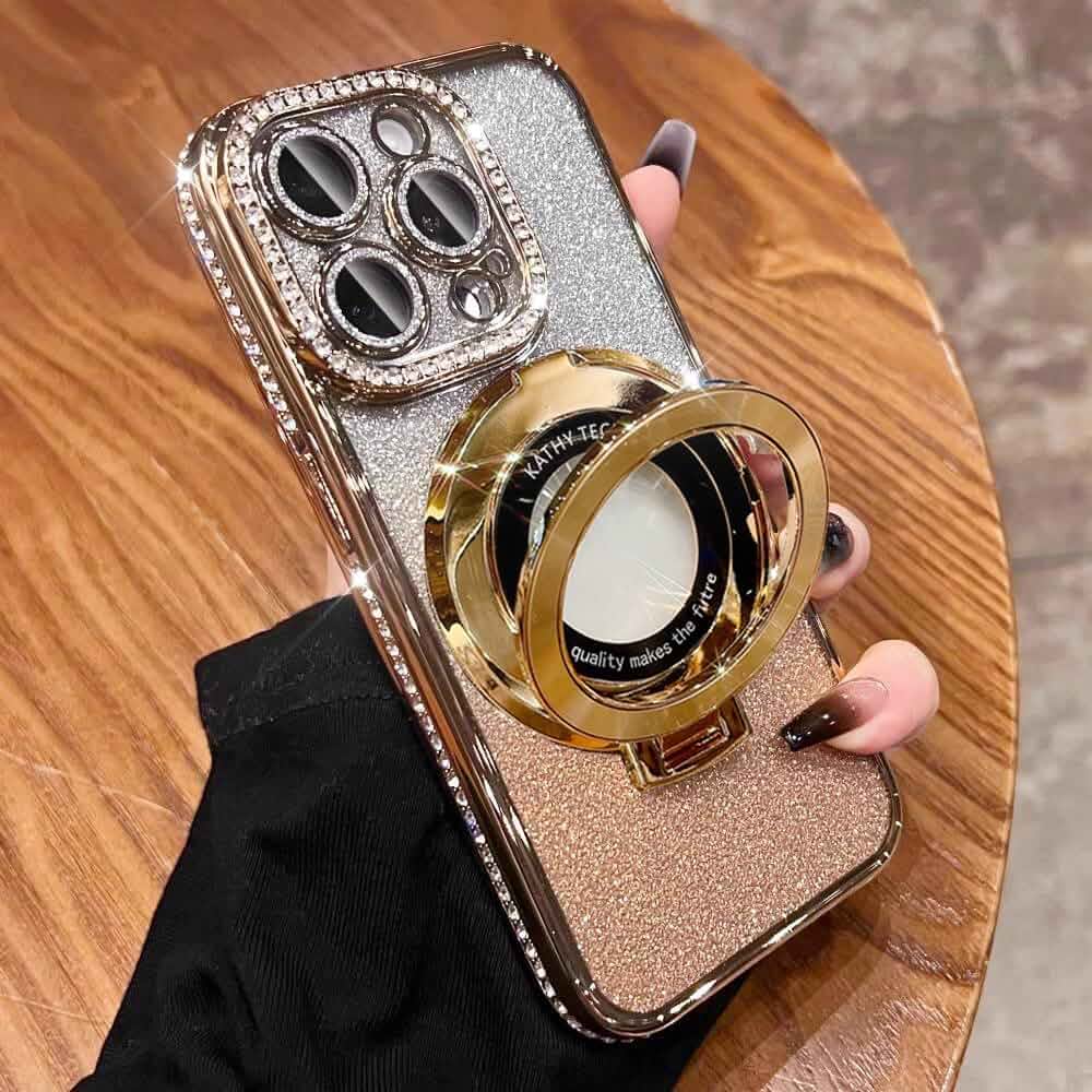 Magnetic Kickstand (Glitter Lens Protector ) Case for iPhone 15 14 13 12 Pro Max (Compatible with Magsafe ) Sparkling Diamond Cover Glitter Shiny Rhinestone Cases (Gold,for iPhone 14 Pro)