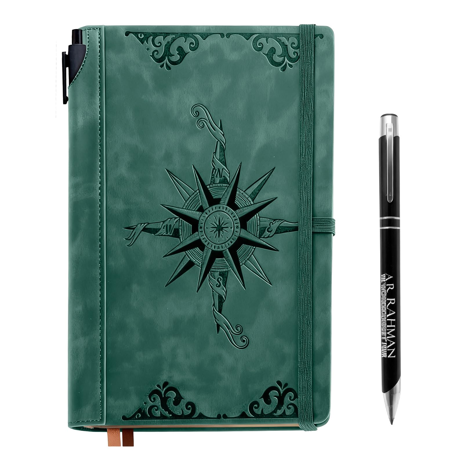 CECOMBINE A5 Leather Notebook Journal for Men, 200 Pages Lined Compass Journal for Writing, Includes Pen in a Unique Pen Holder, Leather Notebook for Travel Office Daily Writing, Dark Green