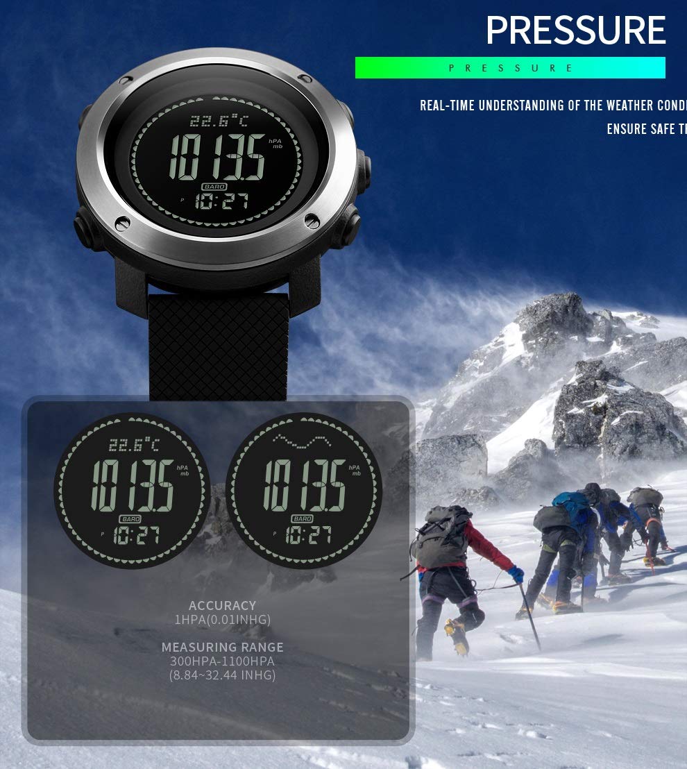 TONSHEN Kompas Zegarek Męski i Kobiety Outdoor Sport Wielofunkcyjny Cyfrowy LED Elektroniczny Wysokościomierz Termometr Pedometr Kalorie Alarm Data Zegarki Bransoletka (Stal Czarna)