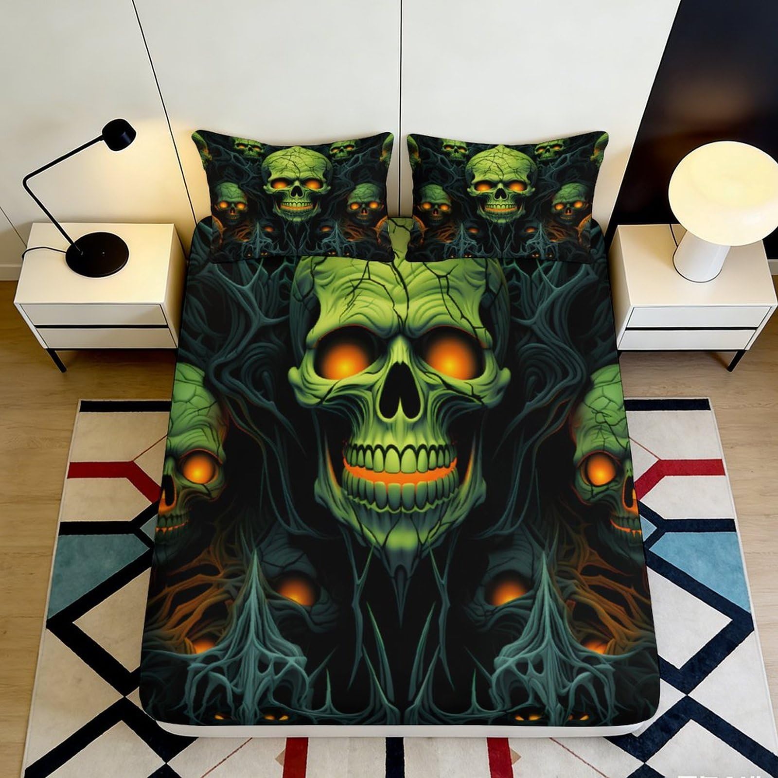 Jqzkxnhpbr Style-7 3D Printed Green Skull Fitted Sheet Microfiber Soft Breathable Gothic Flame Bed Cover For Bedroom Dorm Mattress Protection Decor 90X200x25cm