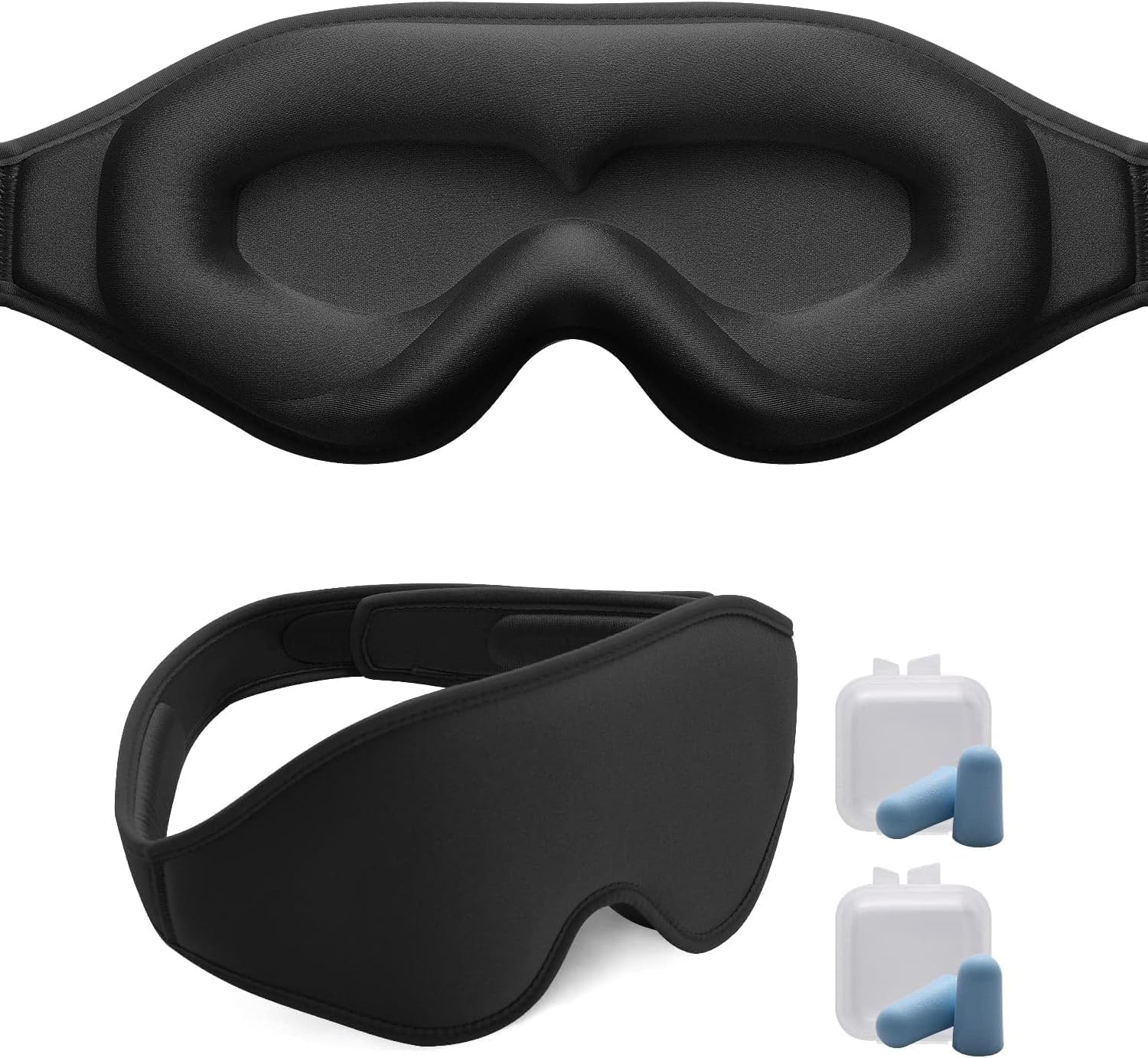 Eye Mask Sleeping Mask for Women Men, , 3D Contoured Sleeping Mask for Light Blocking, Comfortable Adjustable Protector Sleep Mask for Travel Yoga with 2 Box Earplug (Black)