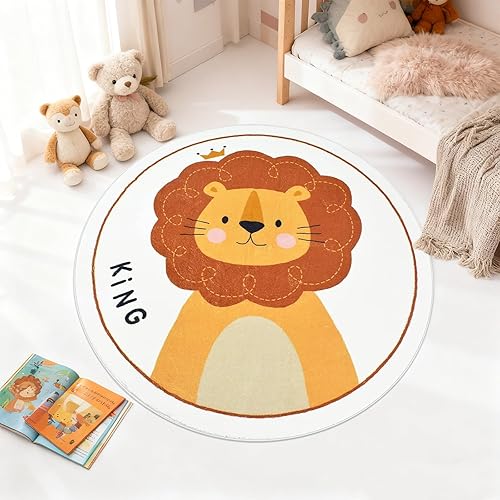 ABREEZE Alfombra de juego de lana sintética para niños, 4 pies, alfombra redonda de animales, alfombra de felpa suave antideslizante para