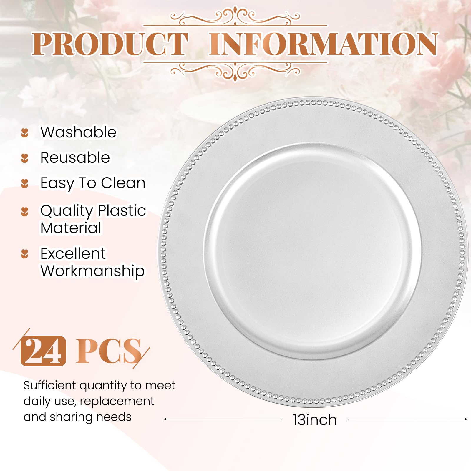 24 Pcs Silver Charger Plates Bulk,13