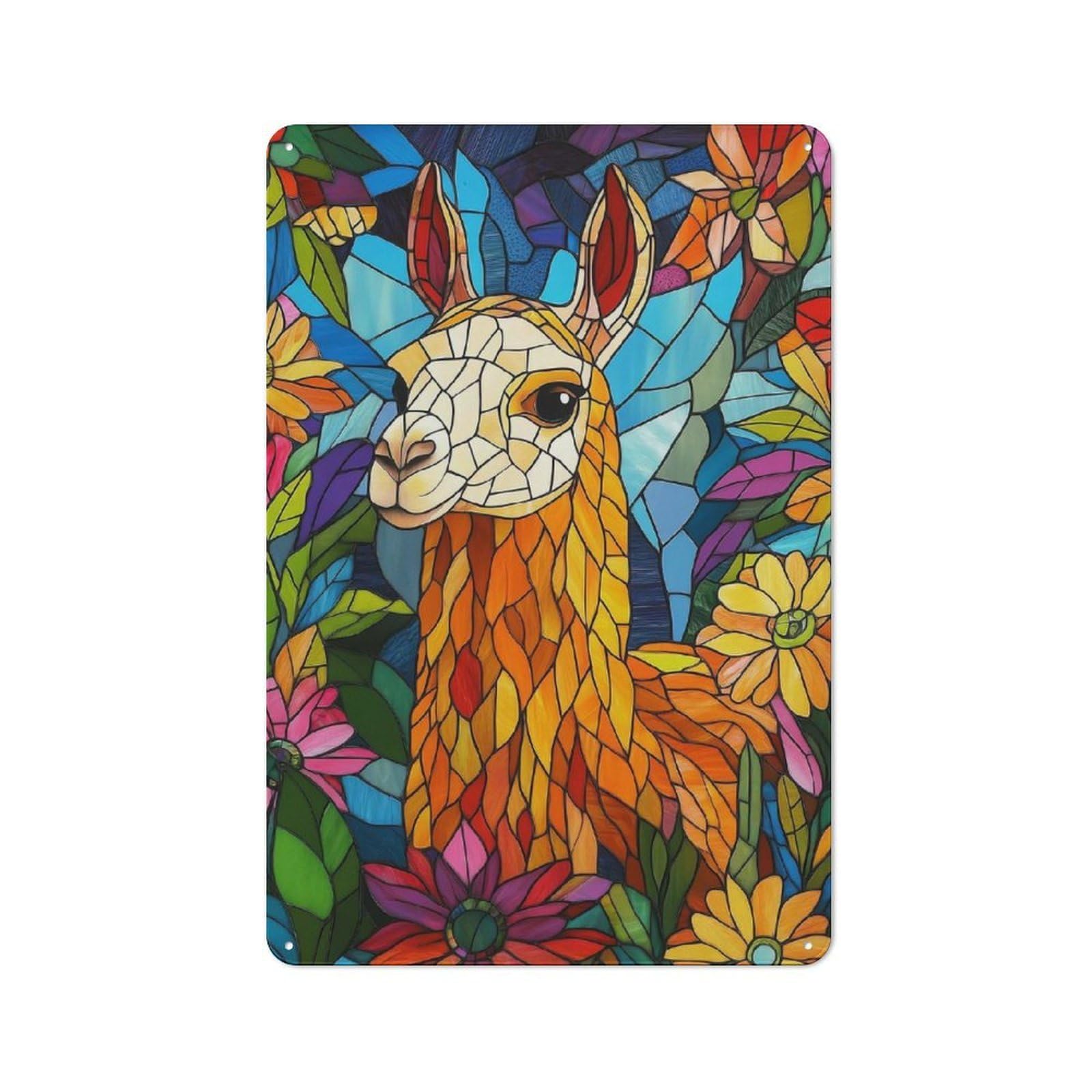 Junmoney Llama In Flowers Tin Wall Plaque 30X20cm With For Living Room Or Hallway, For Garage, Workshop And Man Cave Decoration