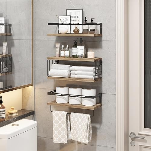 Miniatura 5 de Fixwal Estantes de baño 3+1 sobre el inodoro, estantes flotantes montados en la pared con marco de metal y toallero para baño, cocina, dormitorio,