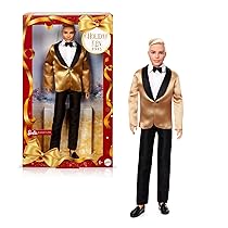Barbie Signature – Ken Magia delle Feste 2025, bambola da collezione con tuta elegante e giacca dorata, confezione da esporre, regalo per le feste, giocattolo per bambini, 6+ anni, JGK55