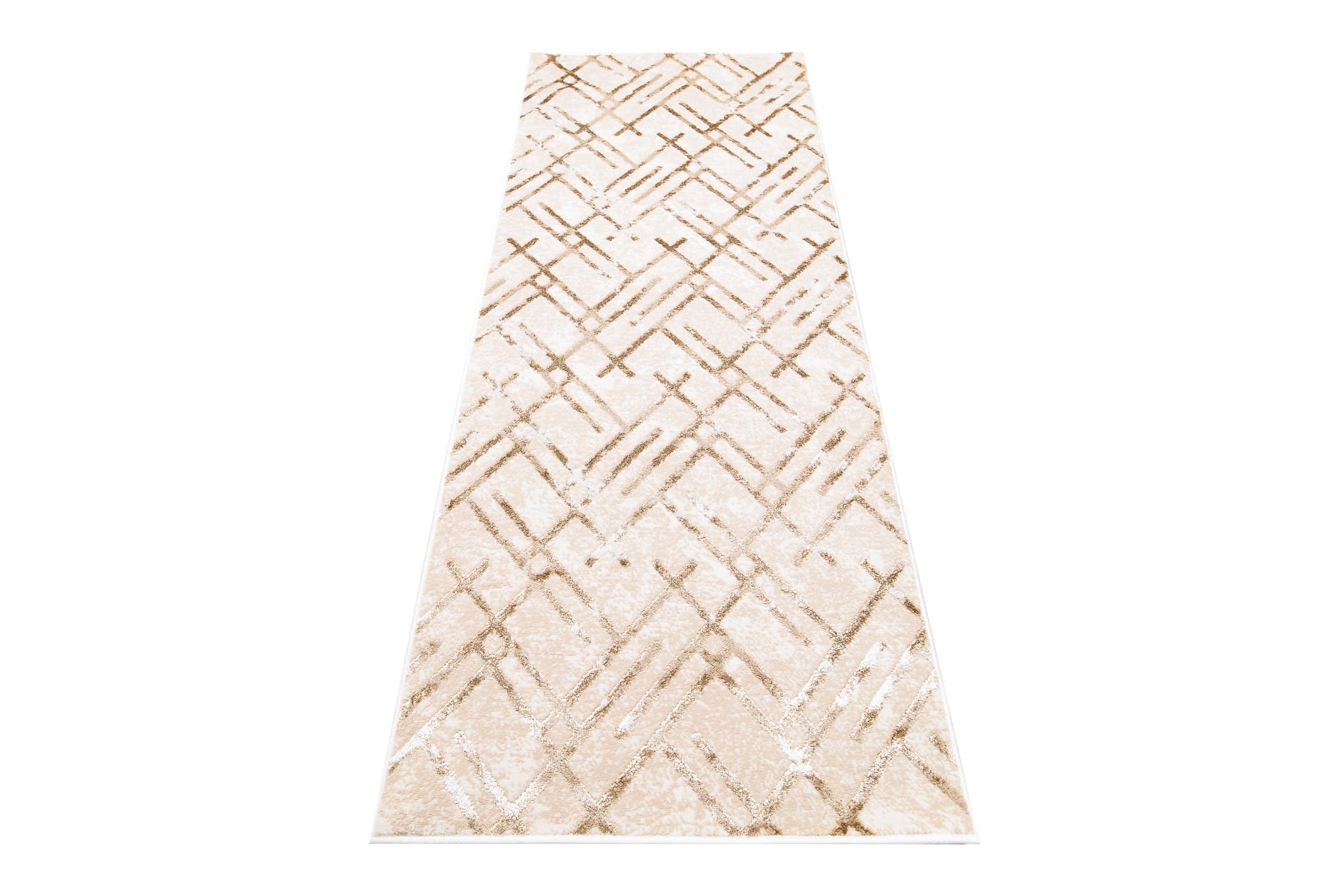 TAPISO Crystal Läufer Teppich Glänzend Gold Beige Creme Linien Figuren Zigzag Wohnzimmer Schlafzimmer Flur Korridor Modern Design ÖKO-TEX 80 x 400 cm