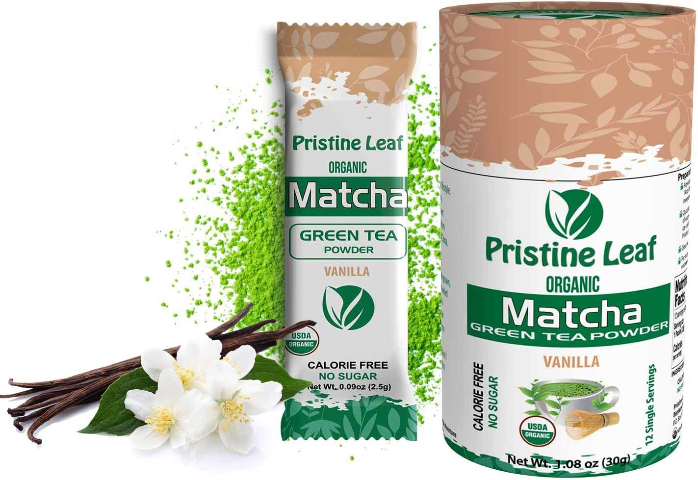 Pristine Leaf | Organic Matcha Green Tea Powder | Vanilla Flavored | 12 Single Serving Packs of 2.5g | Pure Natural | No Sugar | No Fillers | Calorie Free | Vegan | Gluten Free | USDA Organic
