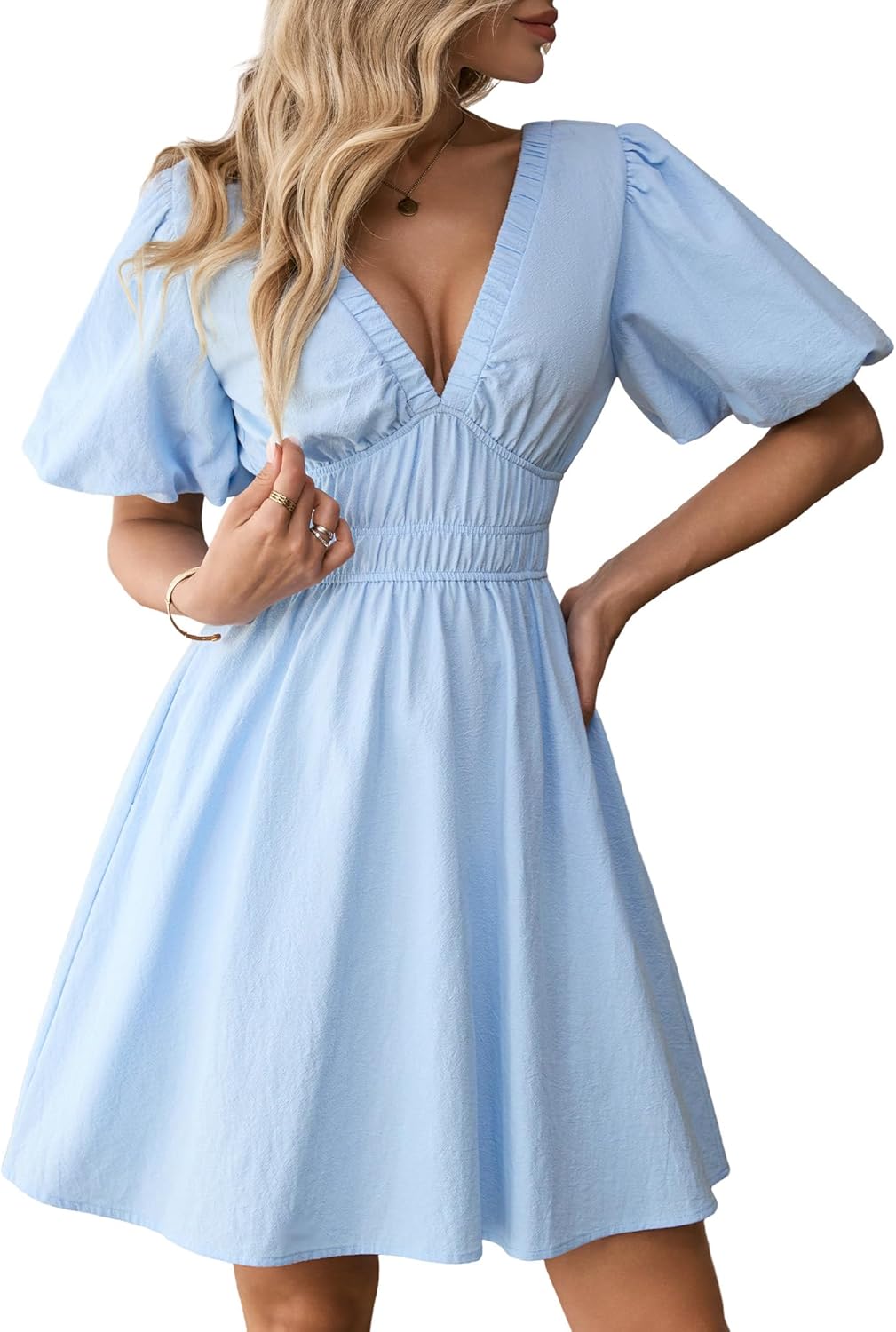 Amoretu Women's Summer Cotton Dresses Sexy Deep V Neck Puff Short Sleeve A-Line Mini Dress with Pockets