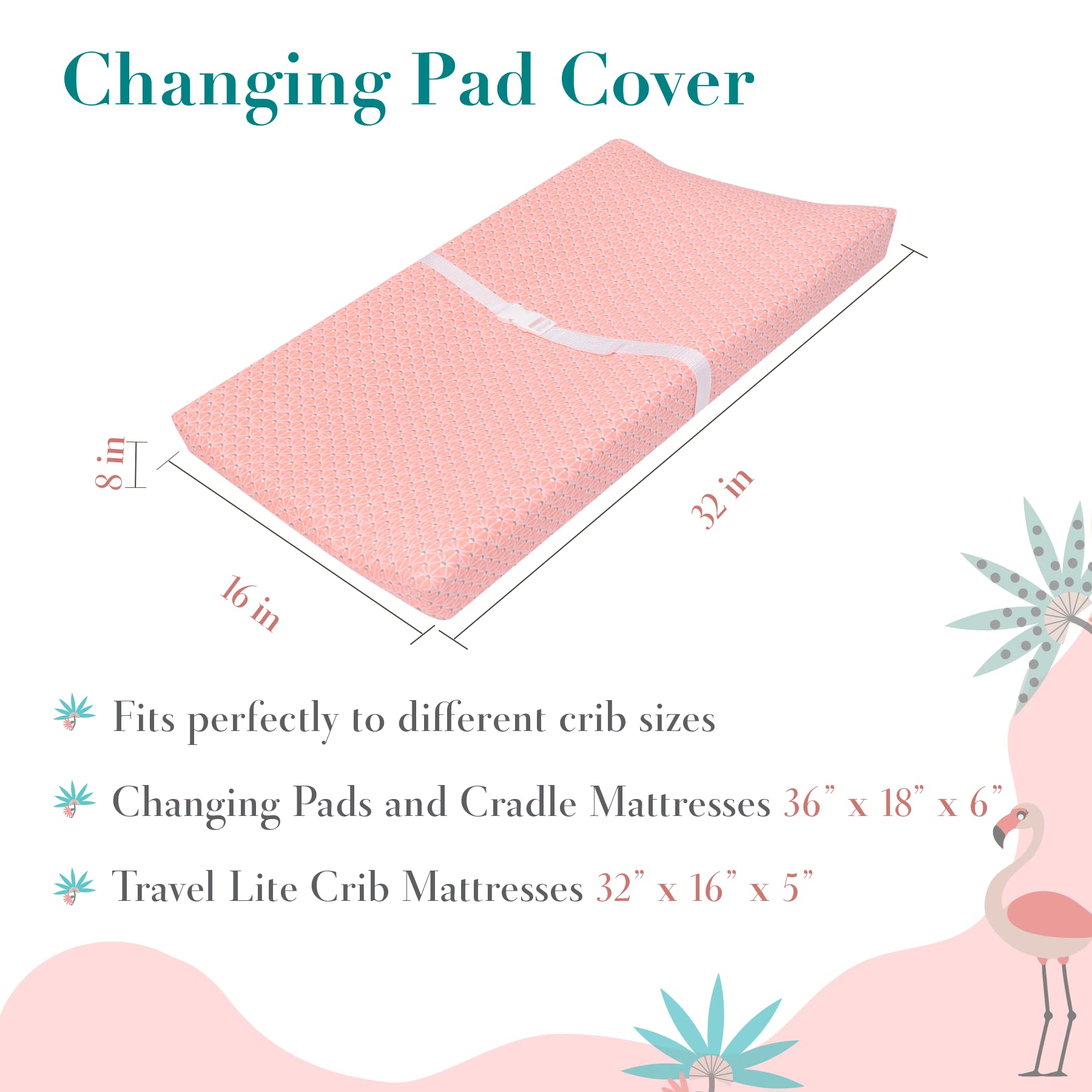 Funda 100 % algodón para cambiador para bebé niña, flamenco, transpirable, sábana bajera para colchón de cuna, hojas de selva, 32 x 16 pulgadas con bolsillo profundo de 8 pulgadas, 2
