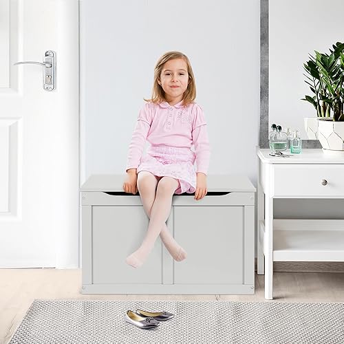 Miniatura 18 de HONEY JOY Caja de juguetes de madera para niños, baúl grande 2 en 1 de almacenamiento de juguetes con asiento acolchado acolchado, asas de Azul,Azul