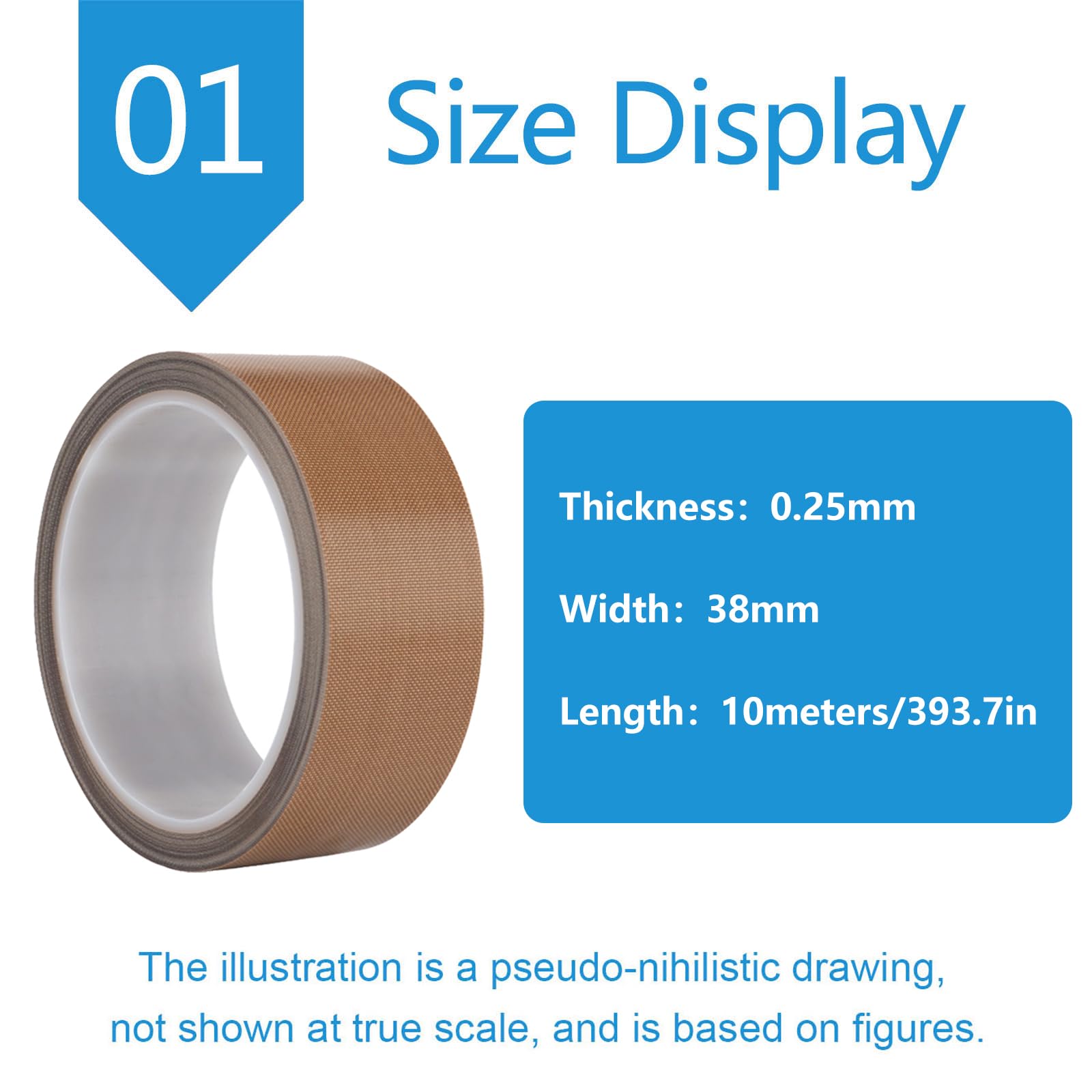 Nastro autoadesivo in PTFE for alte temperature 38 mm x 10 m | Nastro in tessuto spesso 0,13-0,25 mm for termosaldatura e isolamento(Thickness:0.25mm)