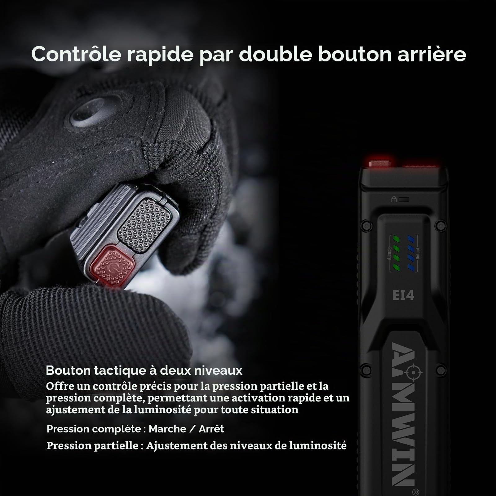 AIMWIN EI4 Lampe Torche LED Puissante 3000 Lumens Lampe de Poche Rechargeable USB C Portée 300m Lampe Tactique EDC Plate pour Camping Sécurité Double Interrupteur Mode Turbo Stroboscope