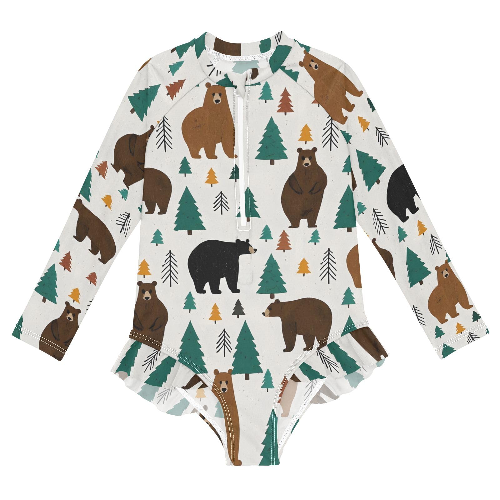 ALAZA Swimsuit for Girls Long Sleeve Rashguard Bathing Suit Bear Forest Quick Dry 4T