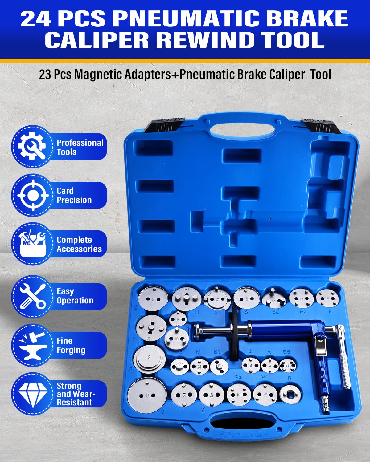 BOOMSTART Pneumatisches 24-TLG. Bremssattel-Kolbenrücksteller-Set Air-Powered Wind-Back Tool mit 23 Adaptern – Universal für Inlands- & Importfahrzeuge