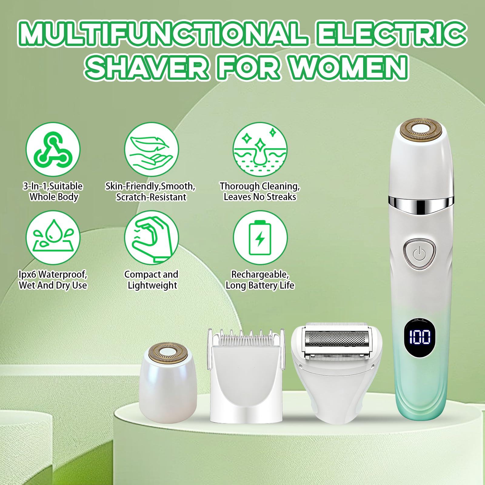 Rasoio Elettrico Donna, 3-in-1 Rasoi elettrici femminili, Depilatore Corpo Donna, fili Wet & Dry, Portatile Rasoio per Corpo, Rasoio Parti Intime Kit per Viso, Corpo e Inguine con Lama Ceramica - 3