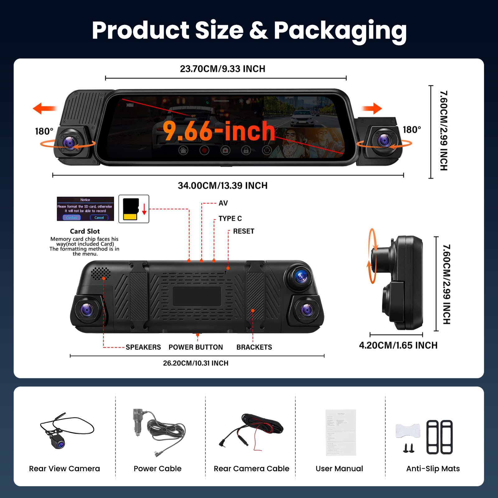 10" Espejo Retrovisor Dashcam Pantalla Tácti, Delantera Trasera Izquierda y Derecha 4cámaraStreaming Media con Tarjeta 64 G Lente Doble Súper Visión Nocturna, G-Sensor/Grabación en Bucle