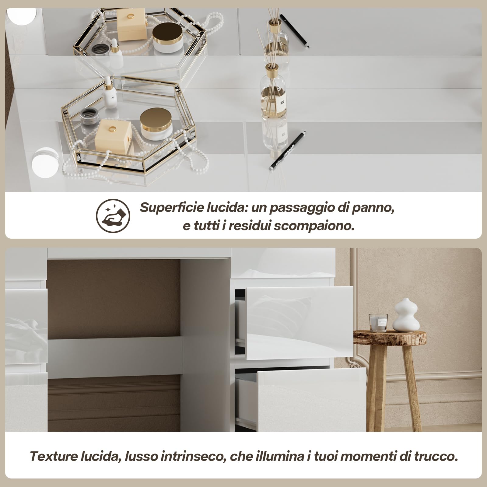 TRIUMPHKEY Bianco Lucido Toeletta Trucco con LED e Prese,Postazione Trucco con Grande Specchio,120 x 40 x 140 cm,Tavolo da Trucco con 7 Cassetti e Armadio per Gioielli