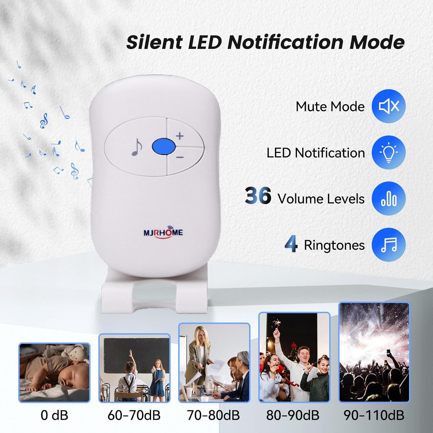 Sonnette sans Fil, Carillon et Sonnettes Exterieur Etanche à 300M de Portée, Kit de avec LED et 36 Mélodies au 4 Niveau Volume pour Maison, Deux Bouton Emetteurs, Blanc
