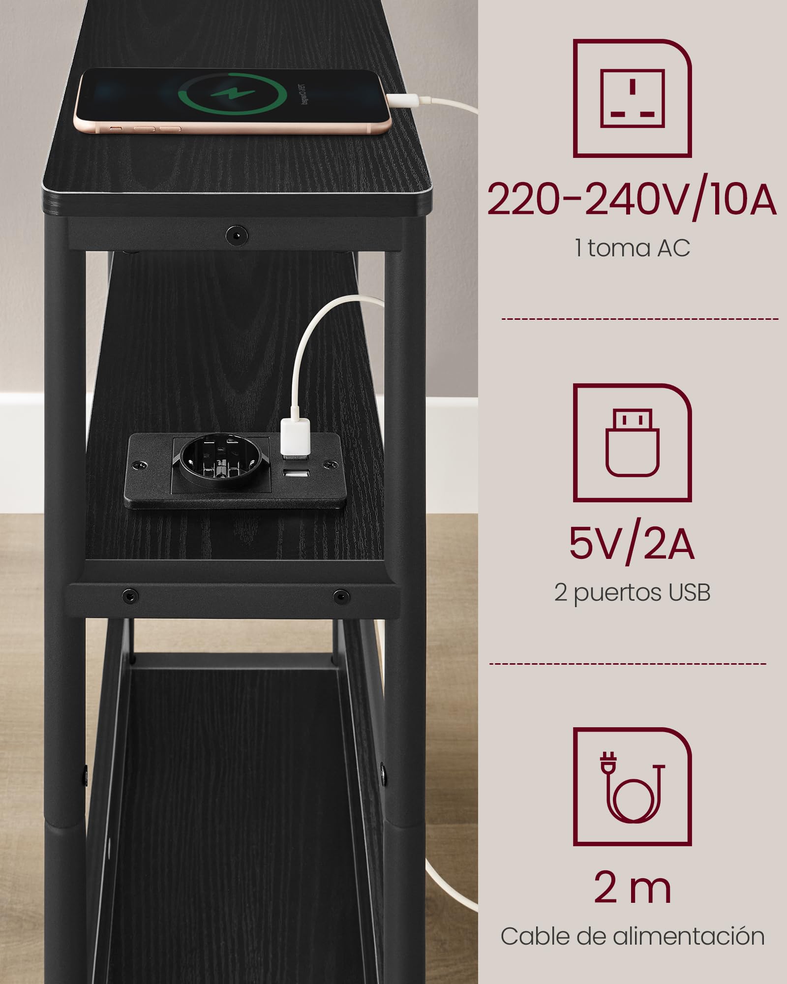VASAGLE Mesa Auxiliar con Multienchufe, Mesita Estrecha con 3 Estantes, para Espacios Pequeños con Revistero, para Salón, Dormitorio, Estudio, Negro Ébano y Negro Tinta LET335B02