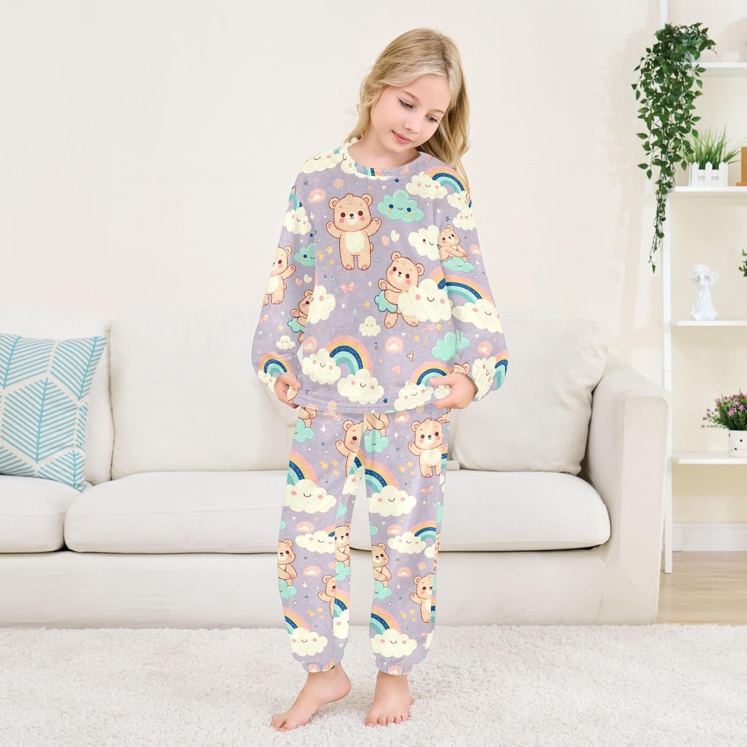 Kids Flannel Sets Cartoon Bear with Clouds Warm Plush Relaxed Clothing for Boys and Girls