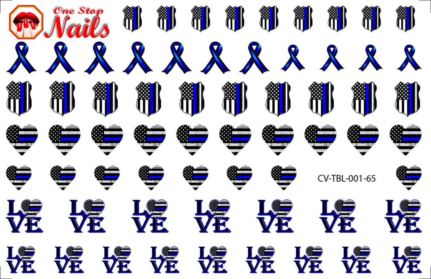 Thin Blue Line Heart Police Clear Vinyl Peel and Stick Nail Decals (NOT Waterslide) by One Stop Nails V1A.