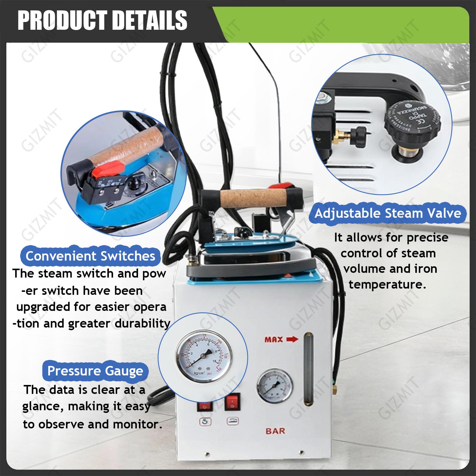Żelazko parowe elektryczne 1600 W, bojler, stacja do prasowania parowego ze stali nierdzewnej 1600 W, bojler 4 l, głowica żelazka 900 W, do sklepów odzieżowych, pralni i fabryk