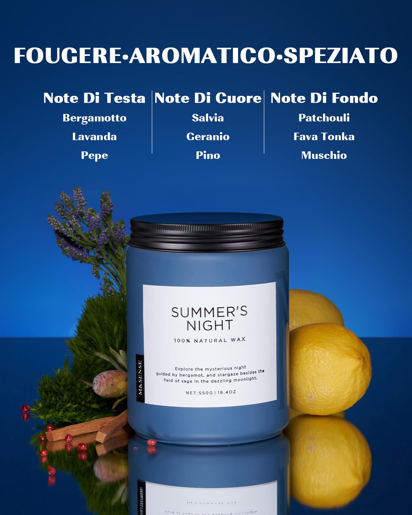 M&SENSE Candela profumata Notte d'estate, candela in cera naturale per la casa, candela media a 2 stoppini per uomo,550g fino a 110 ore di combustione, candele maschili per la camera da letto