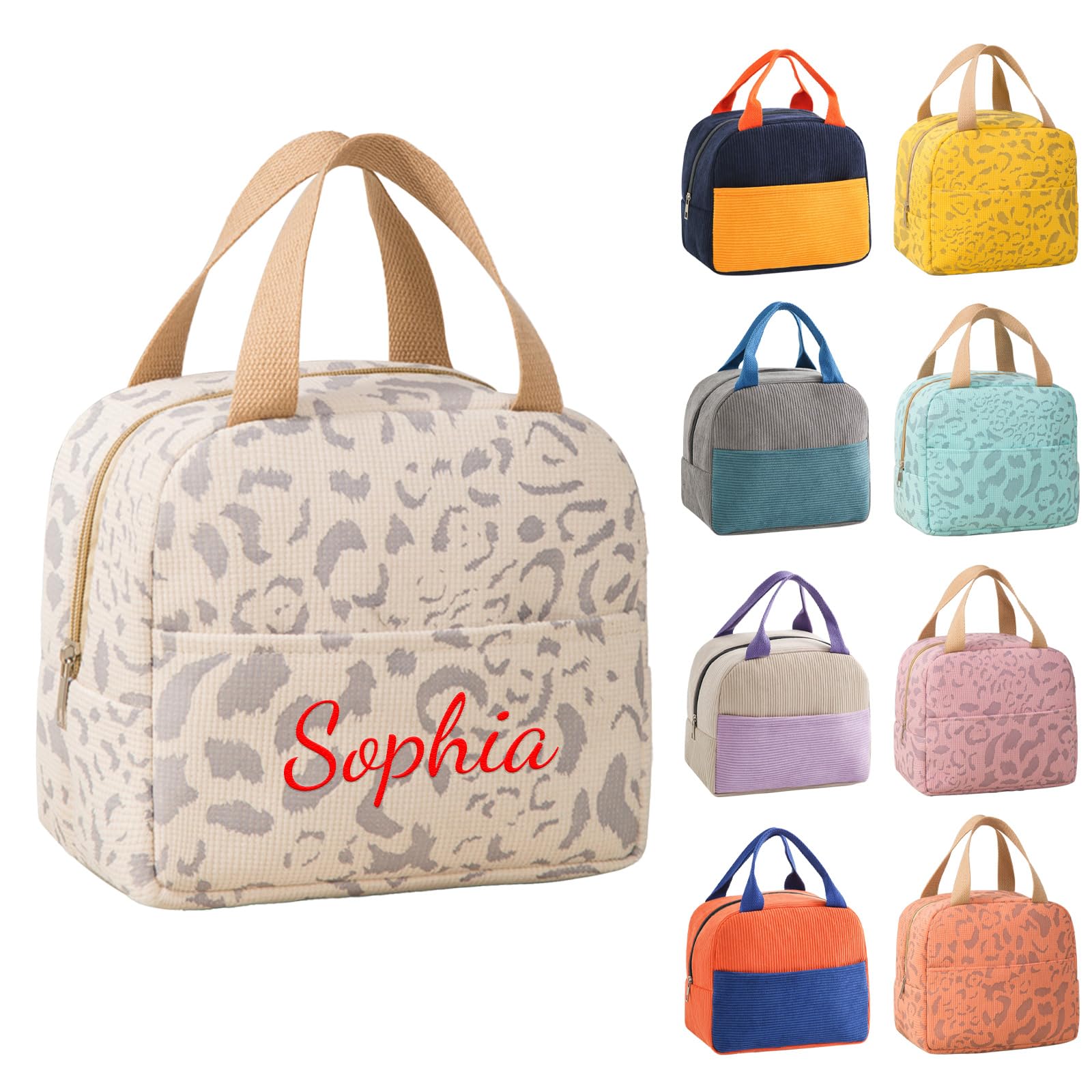 Personalised Embroidered Lunch Bag for Women Kids Adults, Custom Name Insulated Waterproof Lunch Tote Bag, Reusable Lightweight Lunch Box for School Work Office Picnic Travel (Beige Water Ripple)