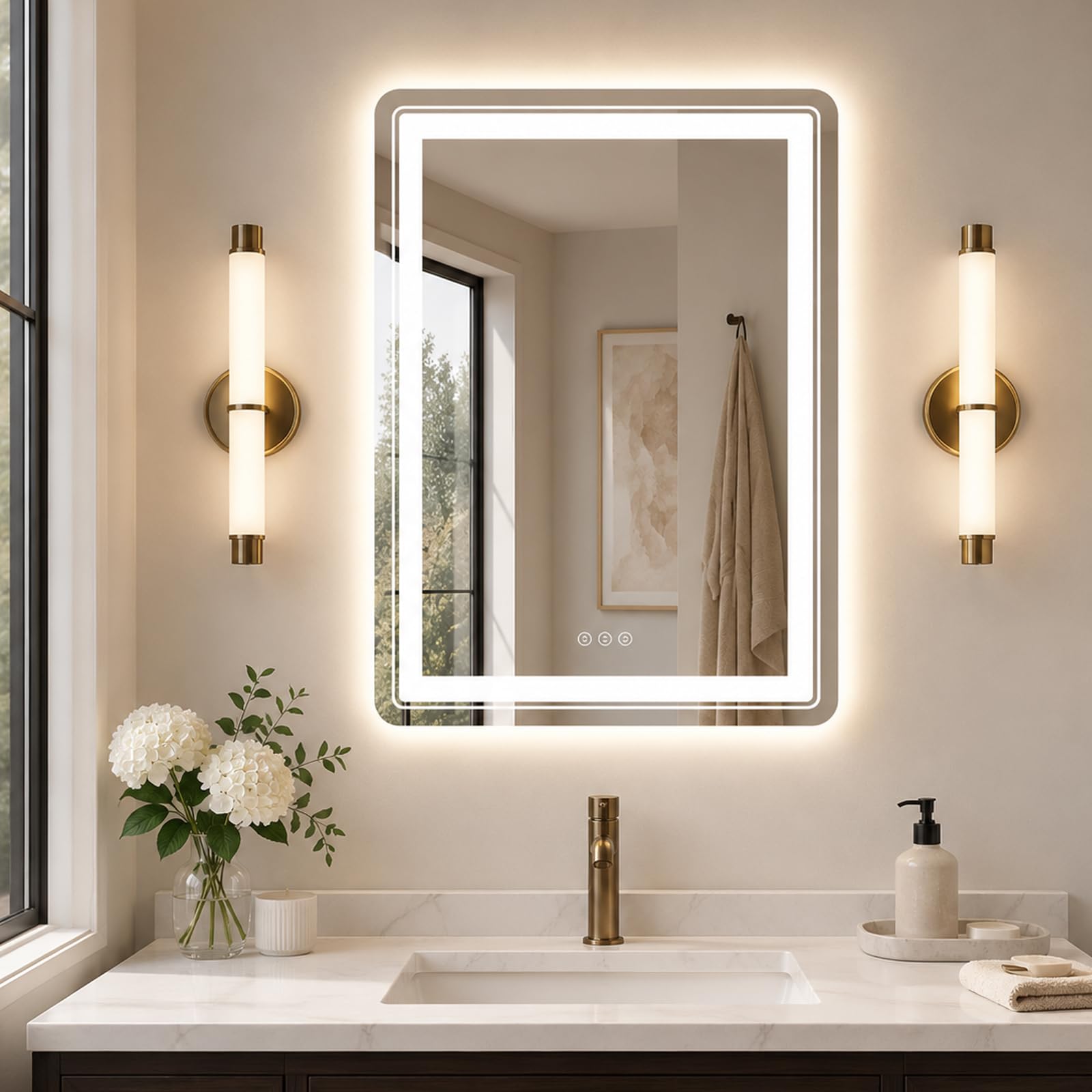 Snowdool - LED Bathroom Mirror with Lights, 20" x 28" Front and Backlit Bathroom Mirror, Vanity Mirror with Anti-Fog Light, Stepless Dimmable, 3 Colors, Horizontal/Vertical LED Mirror