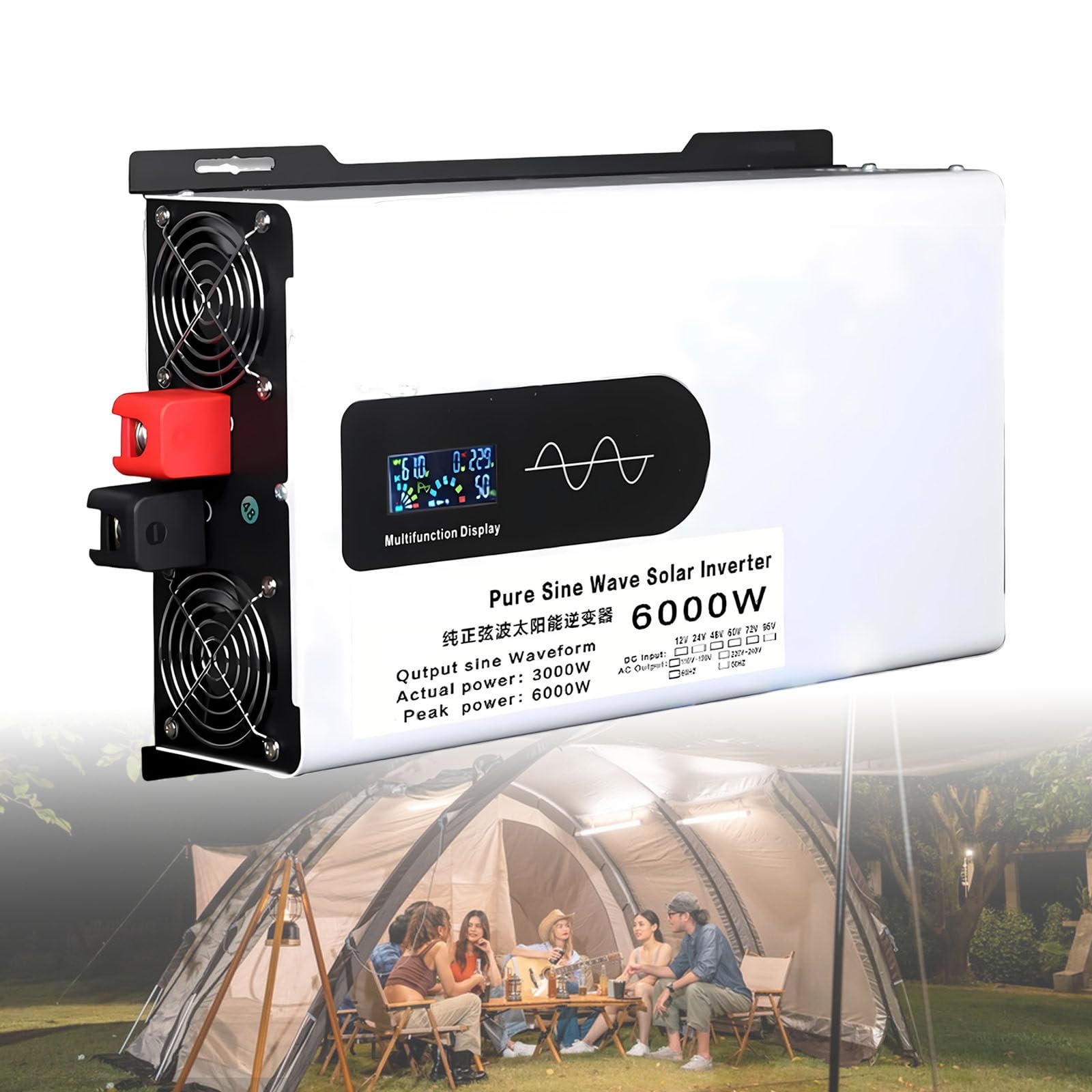 Ulepszony Falownik Sinusoidalny 2025 O Mocy 6000 W, 12 V Przetwornica Napięcia DC 24 V 48 V 60 V 72 V Na 230 V AC Z WyświetlACzem Lcd, Do Domu/Kampera/Ciężarówki/Samochodu 6000W-12V