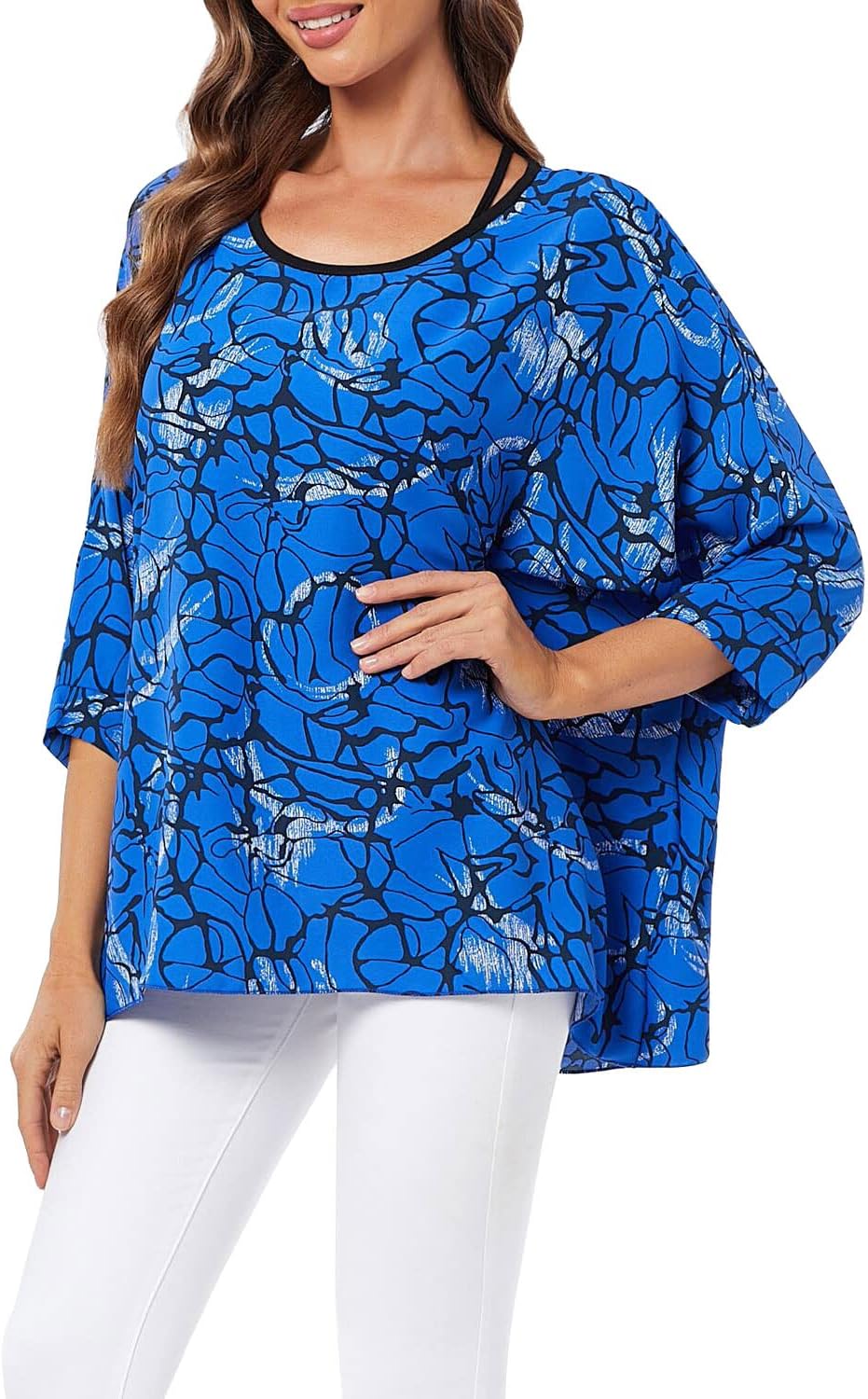 Rokou Womens Floral Chiffon Blouse Loose Batwing Bohemian Semi Sheer Tops - Image 2