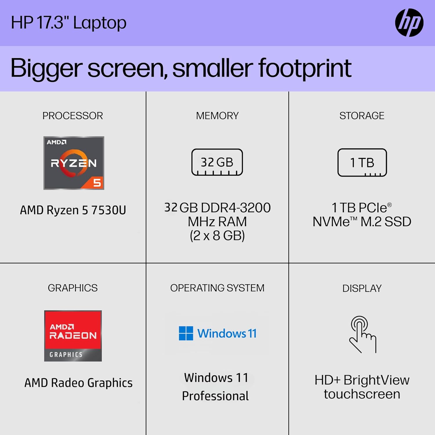 HP 17.3" Touchscreen Laptop with Lifetime Office 365 for The Web • Backlit Keyboard • AMD Ryzen 5 7530U(Outperforms Intel i7-1355U) • 32GB RAM, 1TB SSD • Win11 Pro w/o Earbuds 32GB RAM | 1TB SSD image 3 of 8 B0FHXSMFDN